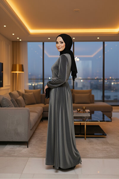 ALA MİRA Simli Füme Tesettür Abiye Elbise ALM42541FU