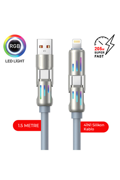 MTL 205W 4'ü 1 Arada Süper Hızlı Şarj RGB LED Işıklı Çoklu Fonksiyonlu Siliko...