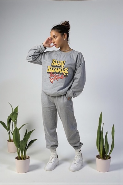 Wish BF supradimensionat Stay Strong cu imprimeu cu glugă Set de trening de i...