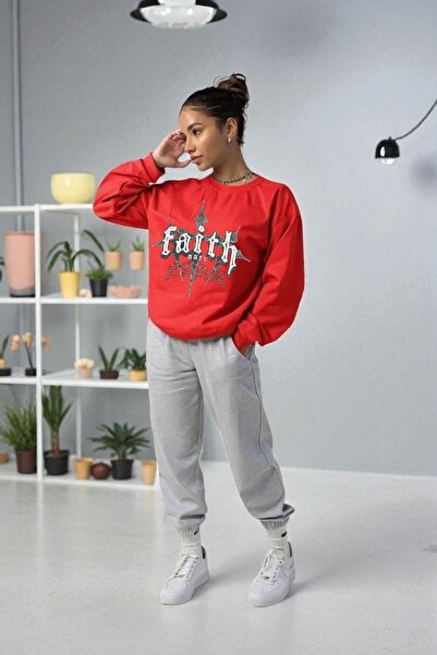 Wish BF طقم بدلة رياضية شتوية كبيرة الحجم مطبوع عليها Faith مع بطانة داخلية م...