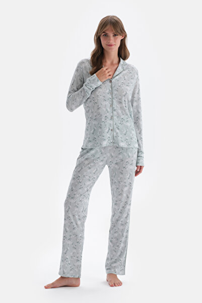 Eros Set de pijamale tricotate cu modele florale, cu guler de cămașă turcoaz