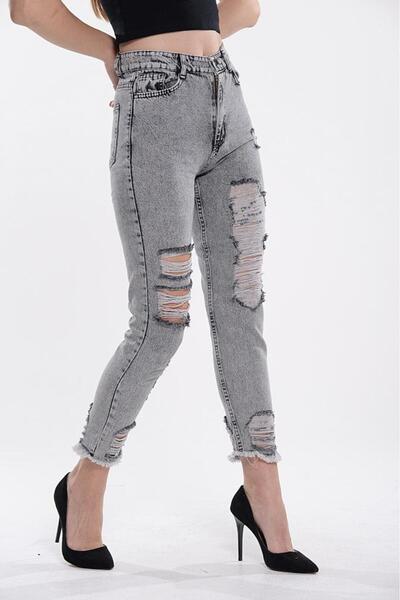 SHEVEGA Women's Leg Laser Cut Snow Black Mom Jeans