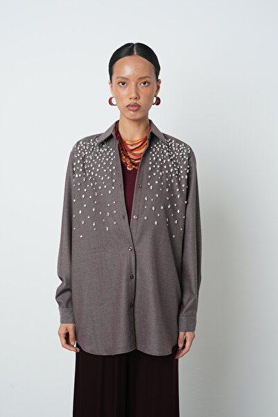 Orfeo Negro Women's Oversize Cut Burgundy Shirt with Stone Embroidery on the Front and Robe