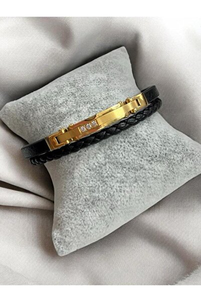 EyER Shoping Men's Black Steel Mesh Knitted Genuine Leather Bracelet