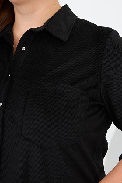 RMG Velvet Plus Size Snap Sleeve Shirt Black