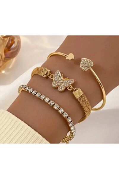 stainless steell VİP gold renk kelebek charm 3 parça zarif bileklik set