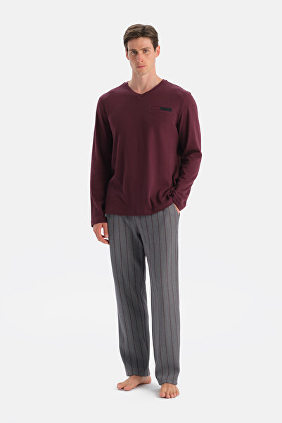 Eros Bordo Uzun Kollu V Yaka Tişört Pantolon Takım