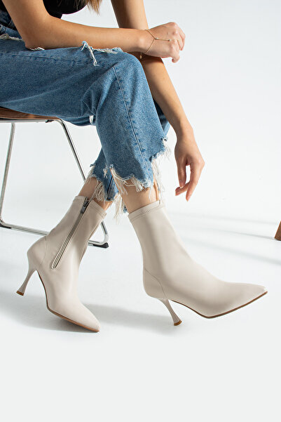 Gökçe Shoes Milvia Krem Streç Günlük Kullanım Kadın Topuklu bot