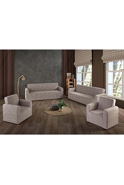 Altın Kelebek Jakarlı Streç Kaplama Maxi Takım Koltuk Örtüsü (3+3+1+1)-Taş