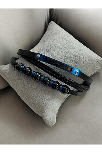 EyER Shoping Men's Black-Blue Steel Mesh Knitted Genuine Leather Bracelet