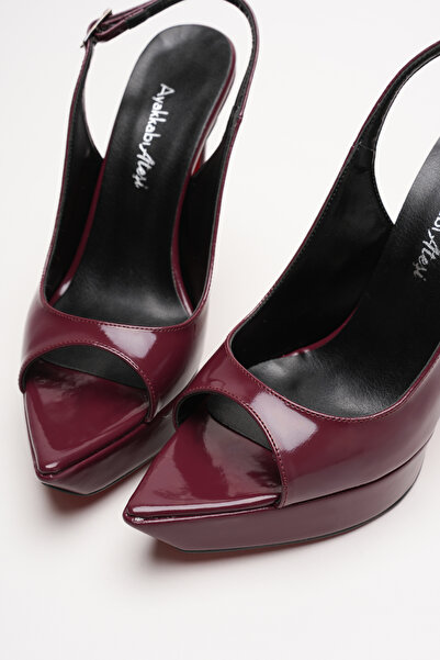 Ayakkabı Ateşi Kadın Sivri Burun Açık İnce Topuklu Platform Ayakkabı Caselin Siyah Rugan