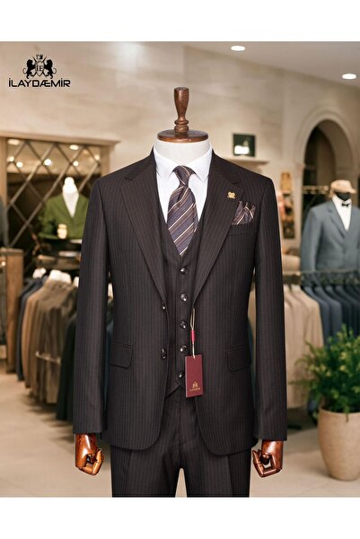 ilayda emir Aci Brown, Striped, Vested Men's Suit 6 Drop