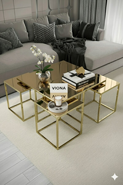VIONA HOME Lizbon 5'li Gold Kaplama Bronz Aynalı Orta Sehpa & Zigon Sehpa & Yan Sehpa & Bohem Sehpa Takımı