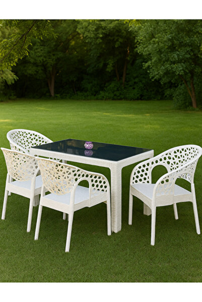 ZİYNET HOME Beyaz Lotus 4 Kişilik Sandalye Rattan Bahçe Balkon Masa Takımı 70...