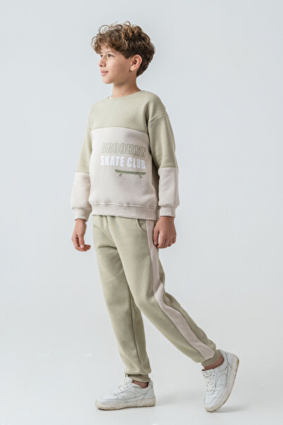 AHENGİM Boy's Brooklyn Skat Clup Printed 3 Thread Thick Winter Tracksuit Set Ak4228