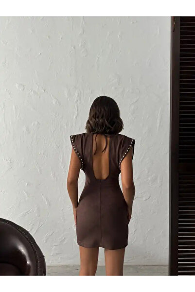 cemo Kadın Sırt Dekolteli Omuz Vatkalı Omuz Droplu Süet Elbise