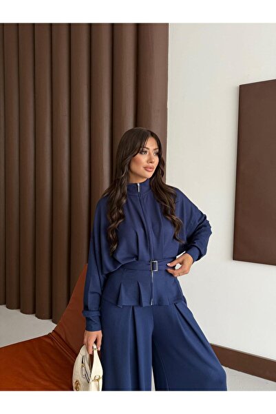 QİMYA BUTİK BUKETLİ Női kabát, szoknya és nadrág, dupla szett, ráncolt részletekkel és övvel