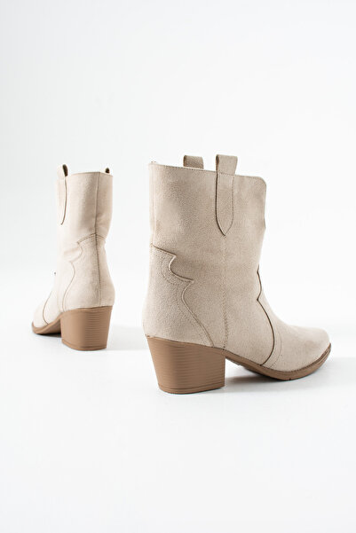 Gökçe Shoes Yeslin Bej Süet Western Kadın Topuklu Bot