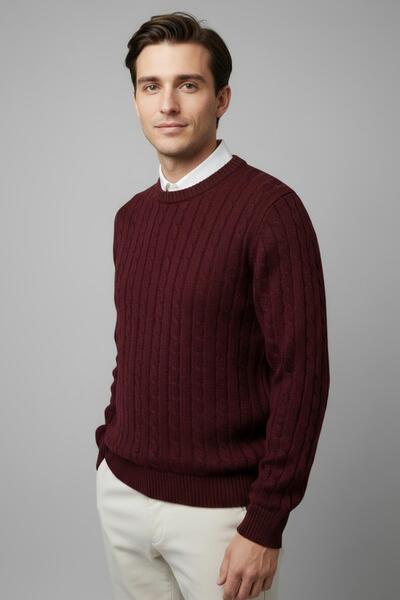 CHUBA Men's Hair Knit Crew Neck Thick Knitwear Sweater Burgundy 26W2014