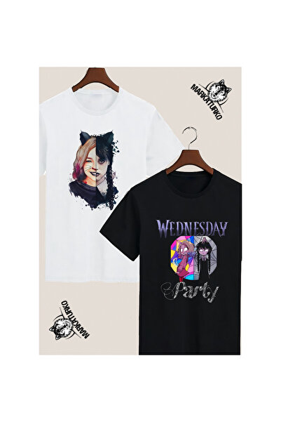 MarkaTurko WEDNESDAY ÖZEL TASARIM BASKILI 2'Lİ SİYAH-BEYAZ TSHİRT 97-3020