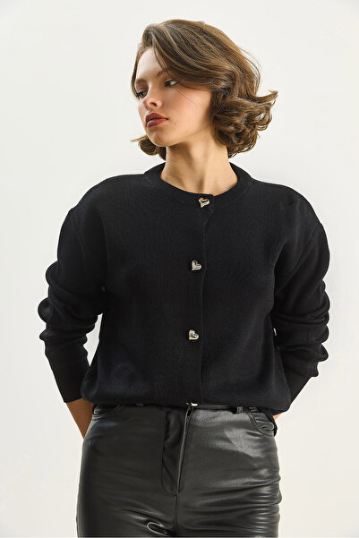 Bianco Lucci Women's Heart Buttoned Crew Neck Knitwear Cardigan 60283628