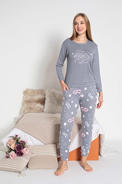GUAVA+ Women's Grey Crew Neck Buttonless Winter Thermal Jogger Long Sleeve Pajama Set with Ankle Cuffs and Pockets