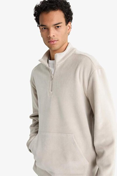 DeFacto Βελούδινο φούτερ με μισό φερμουάρ και γιακά με κανονική εφαρμογή (25 WN)