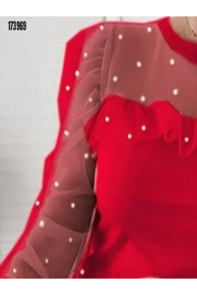 Modayakamoz Yeni Sezon Kadın Uzun Kollu Viskon Bluz Tüllü ve İnci Detaylı Şık Model