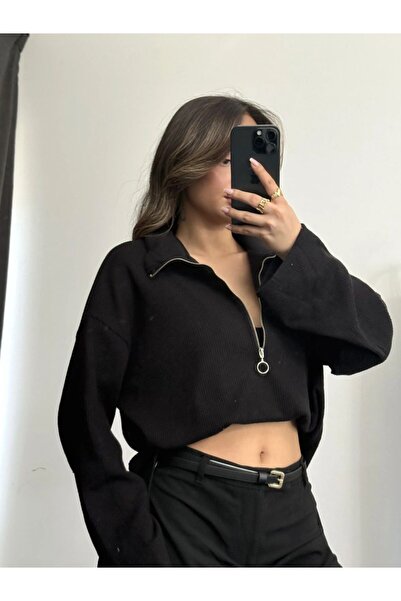 OWNOK Kadın Fermuarlı Yarım Balıkçı Yaka Fitilli Sweatshirt – Oversize Rahat ...