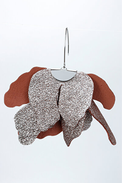 HAIArt Handmade leather floral earrings - Brown duo with silver glitter