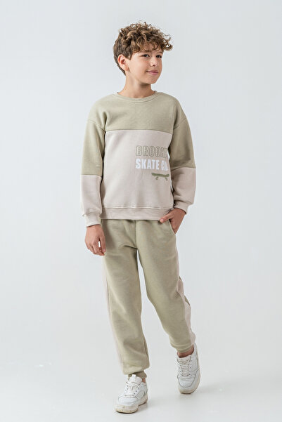 AHENGİM Boy's Brooklyn Skat Clup Printed 3 Thread Thick Winter Tracksuit Set Ak4228