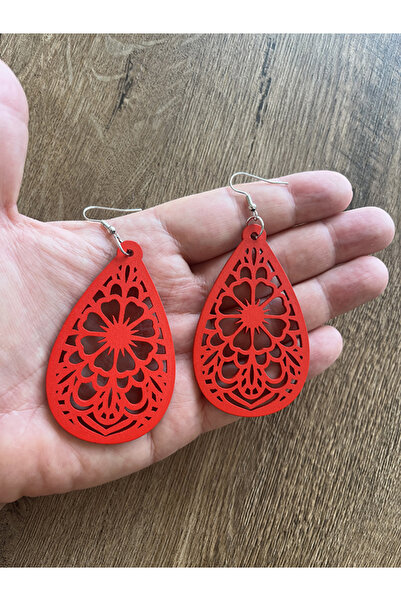 Büyük Hanım Wood Carved Motif Red Dangle Style Earrings