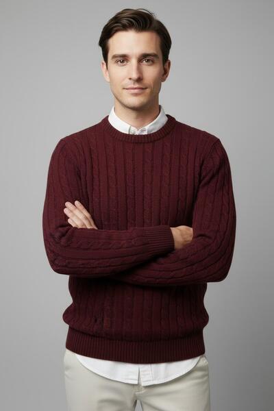 CHUBA Men's Hair Knit Crew Neck Thick Knitwear Sweater Burgundy 26W2014