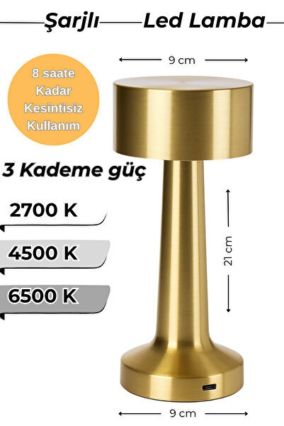 ga gözde aydınlatma Altın Sarısı ♦ Şarjlı LED Masa Lambası ♦ 3 Kademeli Işık ...