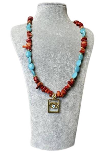 Uretti - أوزليم 9422 6428 قلادة مصنوعة يدويًا من الحجر الطبيعي الفيروزي والمرجان