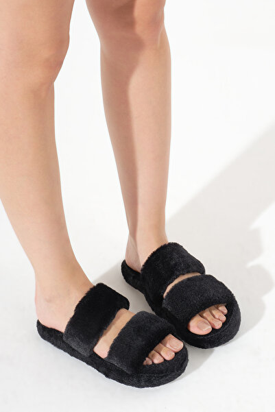 Tonny Black Women's Black Double-Striped Plush House Slippers