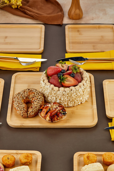 EMBazaar 7-Piece Bamboo Cake Set/Bamboo Presentation Plate/Breakfast Plate/Bamboo Square Cake Set