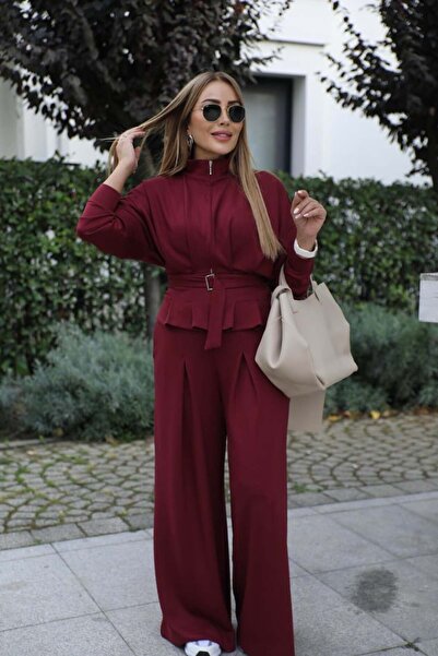 QİMYA BUTİK طقم نسائي مكون من سترة وتنورة وبنطلون مع تفاصيل مطوية وحزام، مجمو...