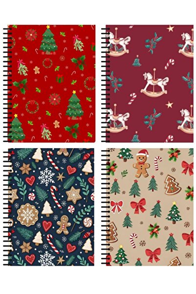 Minnoş A5 Spiralli Okul Defteri 80 Yaprak 4'lü Set - Çizgisiz Yeni Yıl Temalı, Yılbaşı Hediye