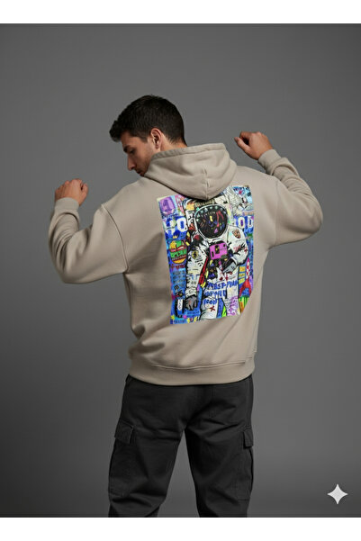 By Caspita Fashion Lenithra Astronaut Pop Art Back Printed Unisex Oversize Beige Hoodie