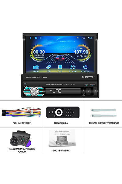 MaxTech MP5 Player Universal Cu Android, MaxTech®, Casetofon cu Ecran Retractabil, Ecran LCD de 7 inch