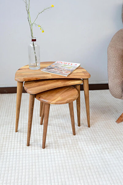 Fawdecor Bohem Dekor 3’lü Zigon Sehpa Seti – Doğal Ahşap, İskandinav Tarz Ort...