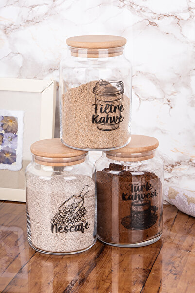 Minya Home 3'lü Cam Kavanoz Kahve Köşesi Seti Ahşap Vakum Kapaklı Kahve Saklama Kabı Şeffaf Etiketli 800 ml