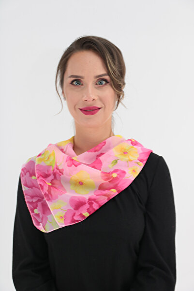 Trend Land Esarfa patrata cu flori roz si galbene din matase
