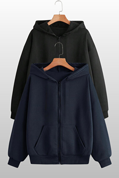 MODAGEN Unisex Mevsimlik 2'li Paket Siyah ve Lacivert Renk Fermuarlı Kapüşonl...