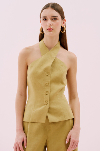 Roman Sırt Dekolteli Çapraz Askılı Keten Yelek Olive Y2517011_027