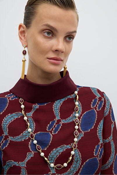 Roman Bordo Taşlı Sallantılı Küpe Standart Renk K2686113_089