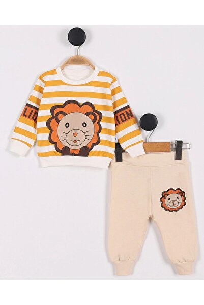 voyyo kids baby Lion Patterned Baby Set (3-18 Months) - Striped Long Sleeve Sweatshirt and Sweatpants