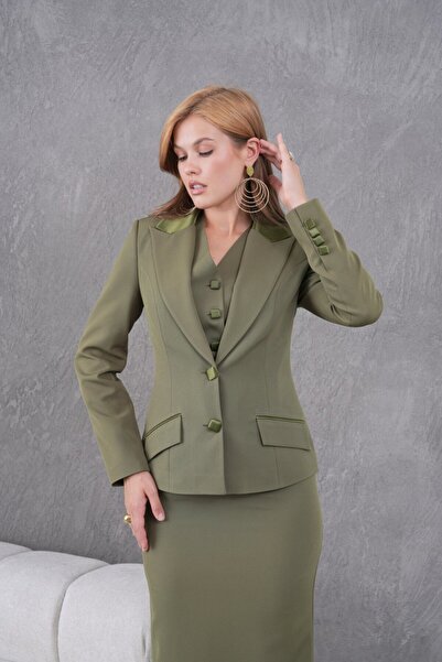 nodilife Kare Düğmeli Üçlü Kadın Takım Elbise Haki