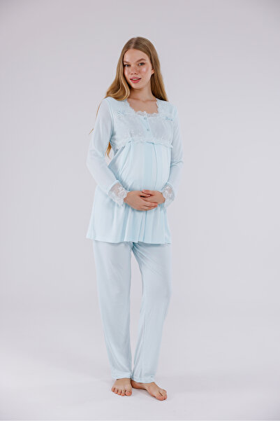 Yulem Homewear Turquoise Special Lace Long Sleeve Cotton Maternity Pajama Set